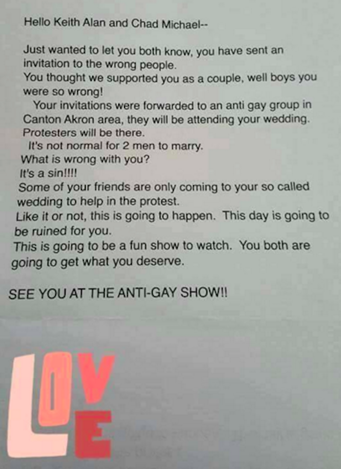 Gay Couple Gets This Disgusting Response to Their Wedding Invitation ...
